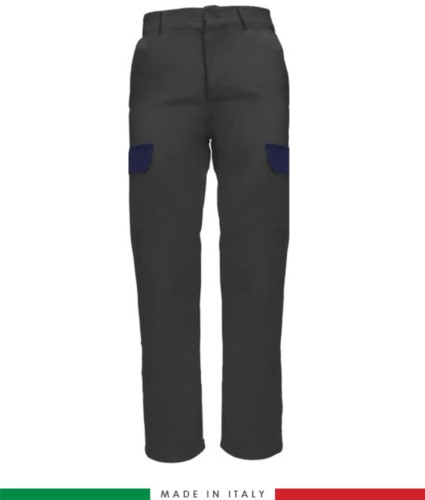 Multi-pocket two-tone work trousers, contrasting profiles, two front pockets, one back pocket, made in Italy, colour grey/navy blue
