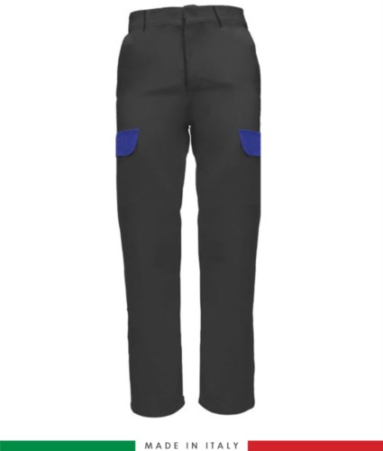 Multi-pocket two-tone work trousers, contrasting profiles, two front pockets, one back pocket, made in Italy, colour grey/ royal blue
