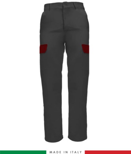 Multi-pocket two-tone work trousers, contrasting profiles, two front pockets, one back pocket, made in Italy, colour grey/red
