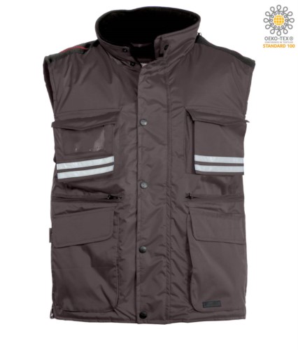 grey multi-pocket work vest with reflective stripes, 100% polyester fabric
