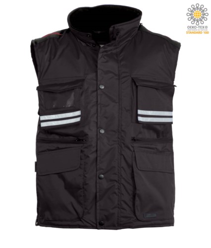 black multi-pocket work vest with reflective stripes, 100% polyester fabric