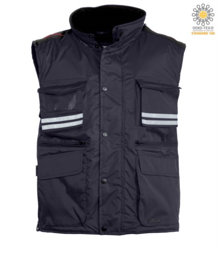 Navy blue multi-pocket work vest with reflective stripes, 100% polyester fabric