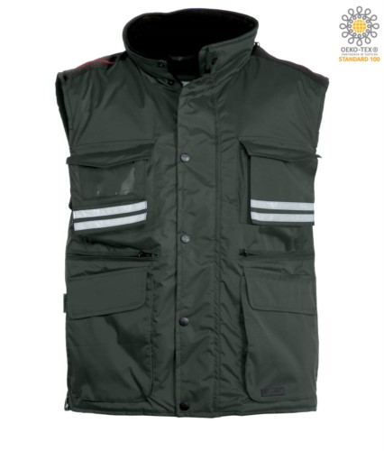 green multi-pocket work vest with reflective stripes, 100% polyester fabric