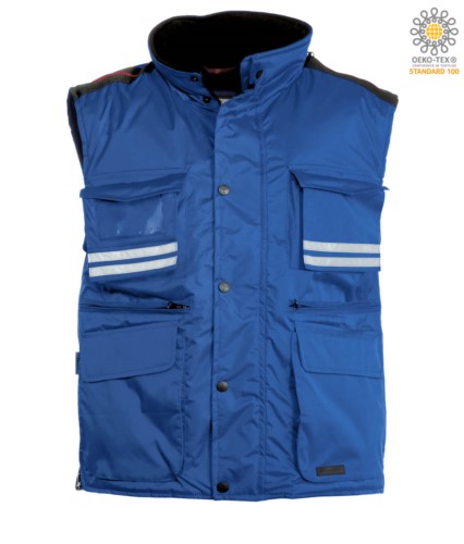 Royal blue multi-pocket work vest with reflective stripes, 100% polyester fabric