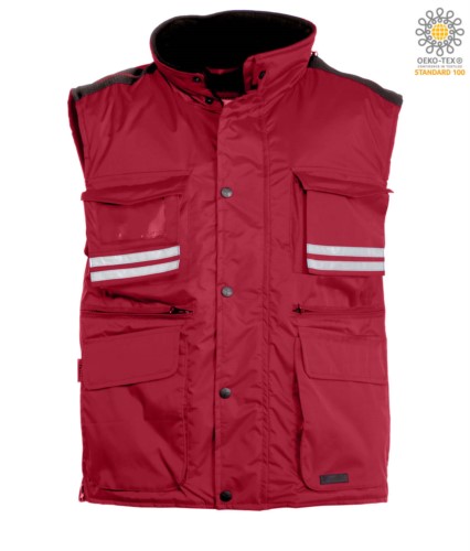 red multi-pocket work vest with reflective stripes, 100% polyester fabric