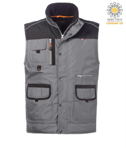 padded multi pocket vest, padded lining, 100% polyester fabric, grey

