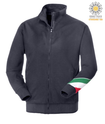Long profile zip sweatshirt tricolor, ribbed neck, torch tricolor on the left arm, your open pockets with thread stitching ribattute, made in Italy, color blue
