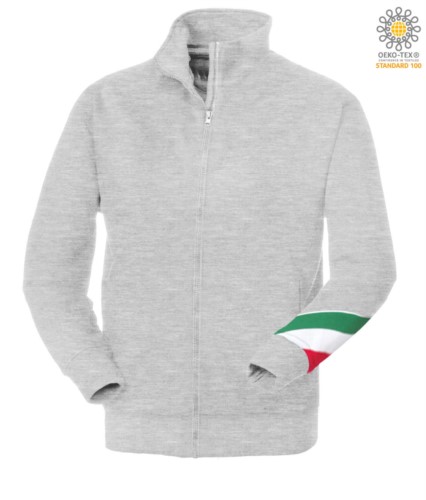 Long profile zip sweatshirt tricolor, ribbed neck, torch tricolor on the left arm, your open pockets with thread stitching ribattute, made in Italy, color gray melange