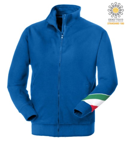 Long profile zip sweatshirt tricolor, ribbed neck, torch tricolor on the left arm, your open pockets with thread stitching ribattute, made in Italy, color royal blue