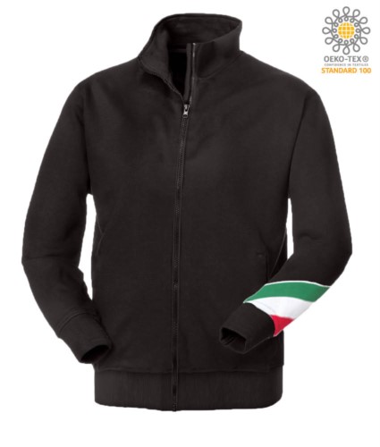 Long profile zip sweatshirt tricolor, ribbed neck, torch tricolor on the left arm, your open pockets with thread stitching ribattute, made in Italy, color black