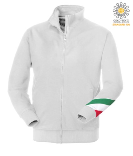 Long profile zip sweatshirt tricolor, ribbed neck, torch tricolor on the left arm, your open pockets with thread stitching ribattute, made in Italy, color white
