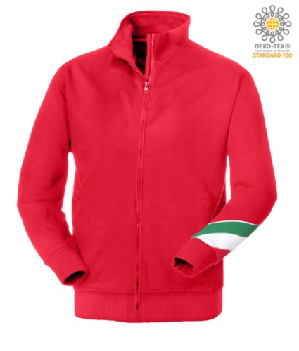 Long profile zip sweatshirt tricolor, ribbed neck, torch tricolor on the left arm, your open pockets with thread stitching ribattute, made in Italy, color red