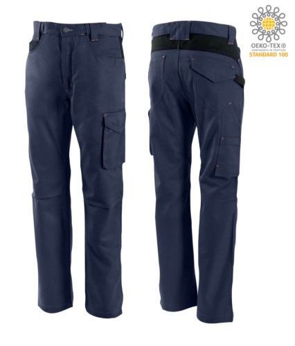 Two tone, multi-pocket cotton trousers, colour blue/black