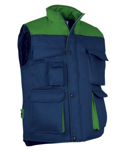 Polyester and cotton multi-pocket work vest, polyester padding. Navy blue / green colour