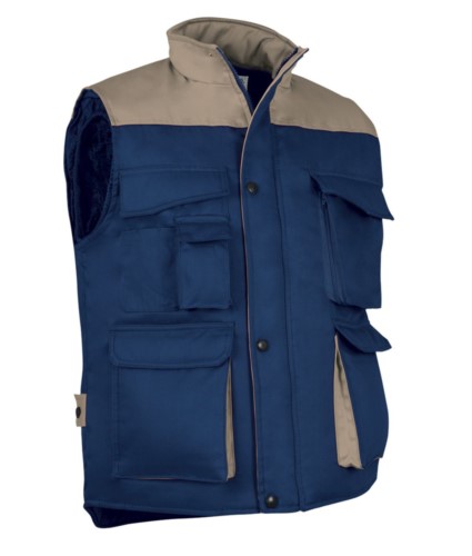 Polyester and cotton multi-pocket work vest, polyester padding. Navy blue / beige colour