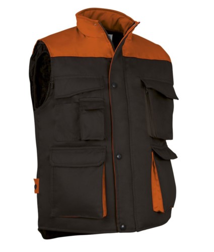 Polyester and cotton multi-pocket work vest, polyester padding. black / orange colour