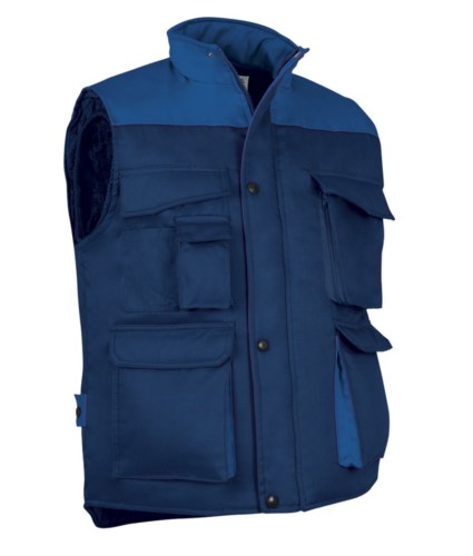 Polyester and cotton multi-pocket work vest, polyester padding. Navy blue / royal blue colour