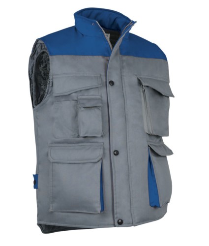 Polyester and cotton multi-pocket work vest, polyester padding. grey / royal blue colour
