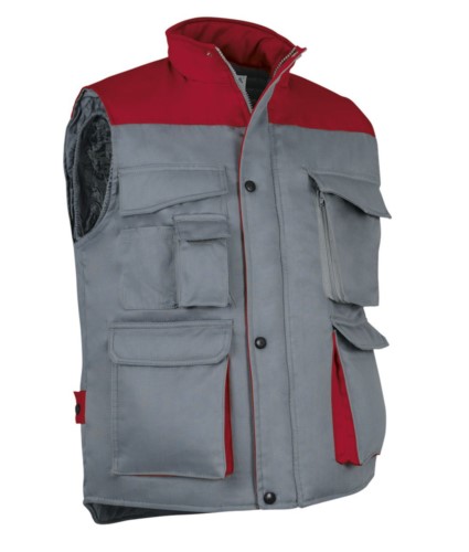 Polyester and cotton multi-pocket work vest, polyester padding. grey / red colour