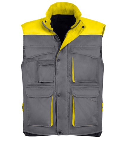 Polyester and cotton multi-pocket work vest, polyester padding. grey / yellow colour