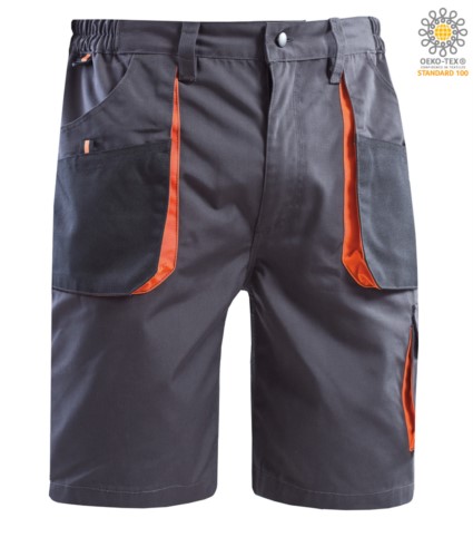 Multi pocket work shorts with contrasting orange pockets. Colour grey 