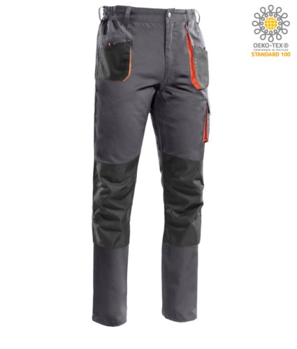 Multi pocket trousers with contrasting orange piping, knee pad holder, reinforced seams. Colour Grey 