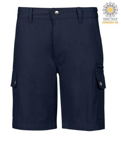 Multi pocket ripstop Bermuda shorts, two side pockets closed with snap buttons and one zipped pocket. Colour blue