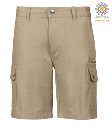Multi pocket ripstop Bermuda shorts, two side pockets closed with snap buttons and one zipped pocket. Colour khaki