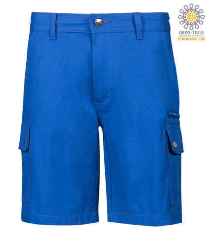 Multi pocket ripstop Bermuda shorts, two side pockets closed with snap buttons and one zipped pocket. Colour royal blue