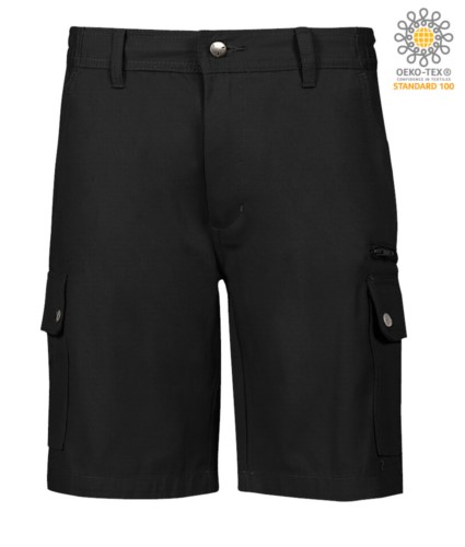 Multi pocket ripstop Bermuda shorts, two side pockets closed with snap buttons and one zipped pocket. Colour black
