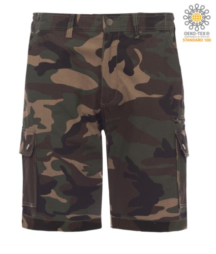 Multi pocket ripstop Bermuda shorts, two side pockets closed with snap buttons and one zipped pocket. Colour Camouflage