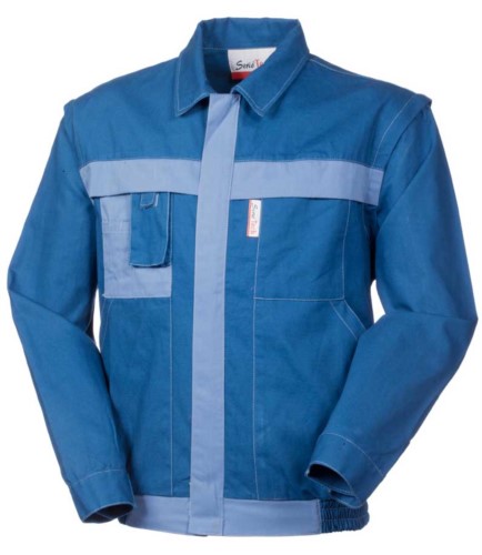 Two tone multi pocket jacket with cell phone holder in cotton canvas. Colour royal blue/light blue
