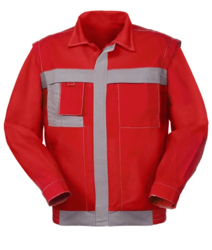 Two tone multi pocket jacket with cell phone holder in cotton canvas. Colour Red and grey 