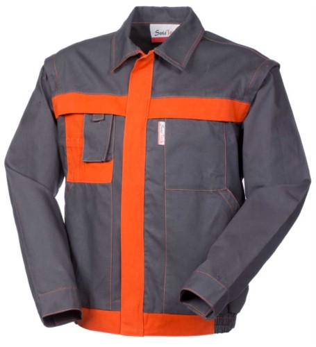 Two tone multi pocket jacket with cell phone holder in cotton canvas. Colour grey/orange