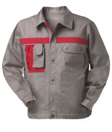 Two tone multi pocket work jacket with mobile phone pocket. Colour Grey/Red
