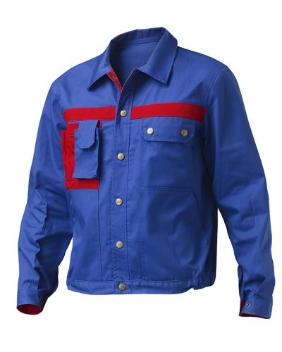 Two tone multi pocket work jacket with mobile phone pocket. Colour Royal blue/red
