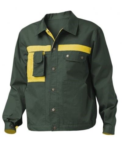 Two tone multi pocket work jacket with mobile phone pocket. Colour green/yellow