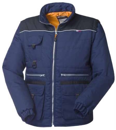 Padded multi pocket jacket with zipper, reflective mouse tail with detachable sleeves.  Color Blue & Black