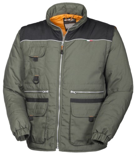 Padded multi pocket jacket with zipper, reflective mouse tail with detachable sleeves.  Color Green and Black