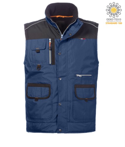 padded multi pocket vest, padded lining, 100% polyester fabric, navy blue/grey