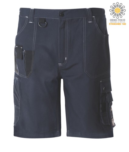 Multi pocket Bermuda shorts with contrasting details and stitching, keychain hook; colour blue/black