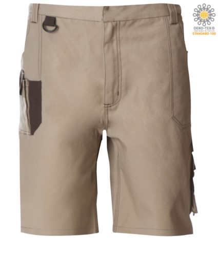 Multi pocket Bermuda shorts with contrasting details and stitching, keychain hook; colour beige/brown