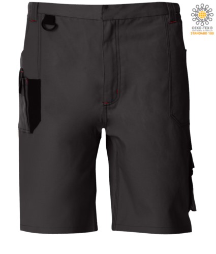 Multi pocket Bermuda shorts with contrasting details and stitching, keychain hook; colour dark grey/black