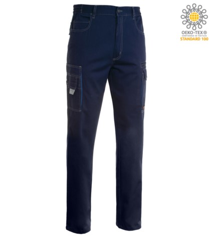 Work trousers with multiple pockets, multiseason, two-tone. Colour blue Navy/Royal blue