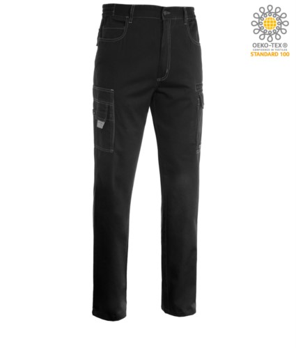 Work trousers with multiple pockets, multiseason, two-tone. Colour Black/Grey