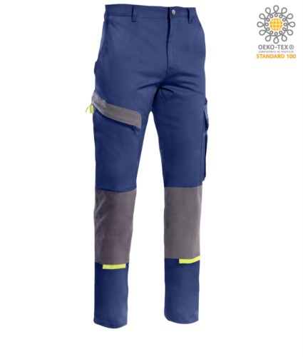 Two tone multi pocket trousers, possibility of toggle insertion, contrasting details. Colour blue/grey