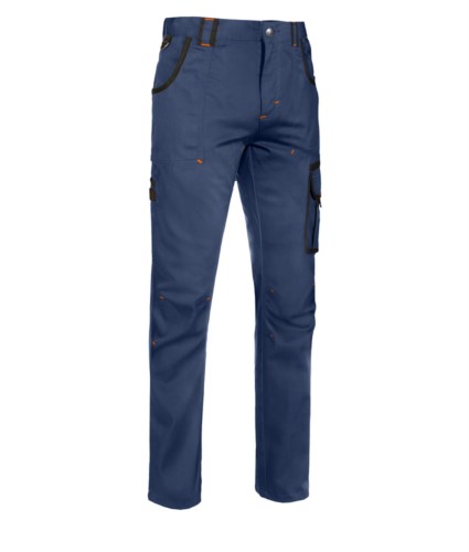 Multi pocket work trousers with contrasting coloured details, colour blue