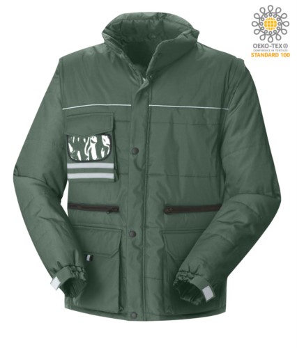 Multi pocket jacket with detachable waterproof sleeves, removable hood with reflective profiles on the pocket and badge holder, color green 