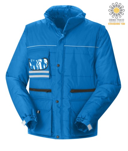 Multi pocket jacket with detachable waterproof sleeves, removable hood with reflective profiles on the pocket and badge holder, color royal blue