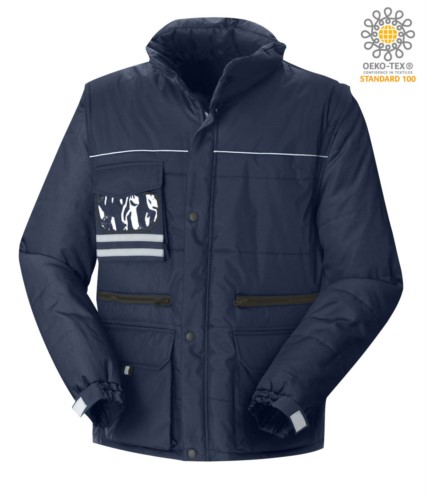 Multi pocket jacket with detachable waterproof sleeves, removable hood with reflective profiles on the pocket and badge holder, color navy blue